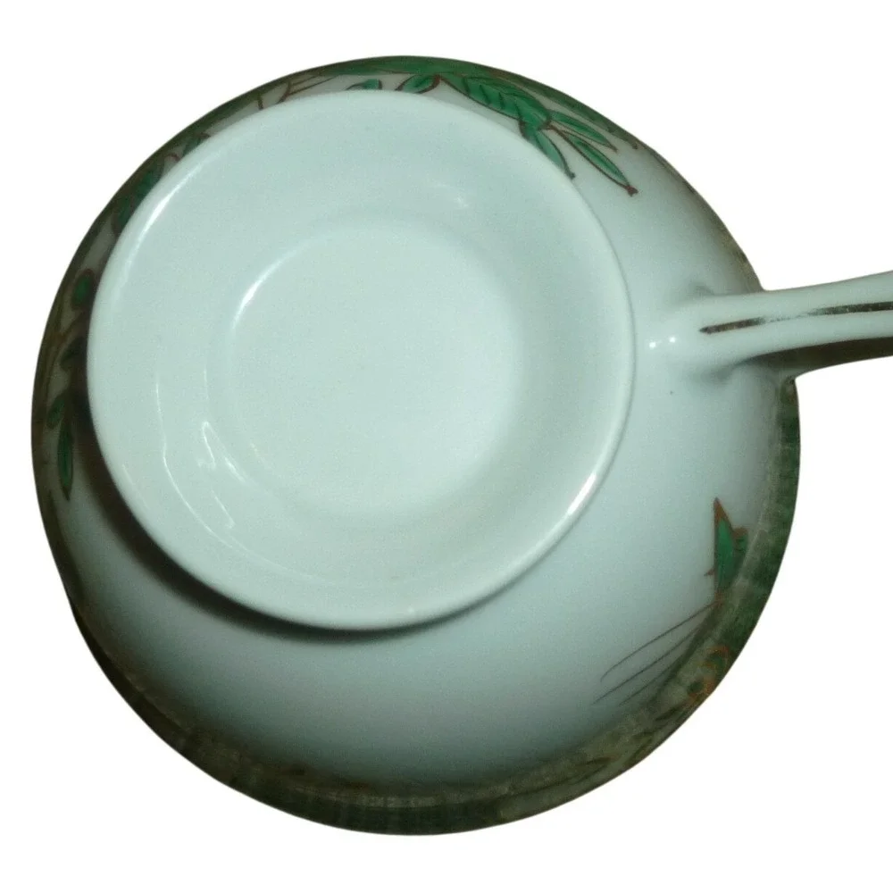 Vintage Chinese Famille Verte Style Teacup & Saucer Green Phoenix Bird Gold Gilt